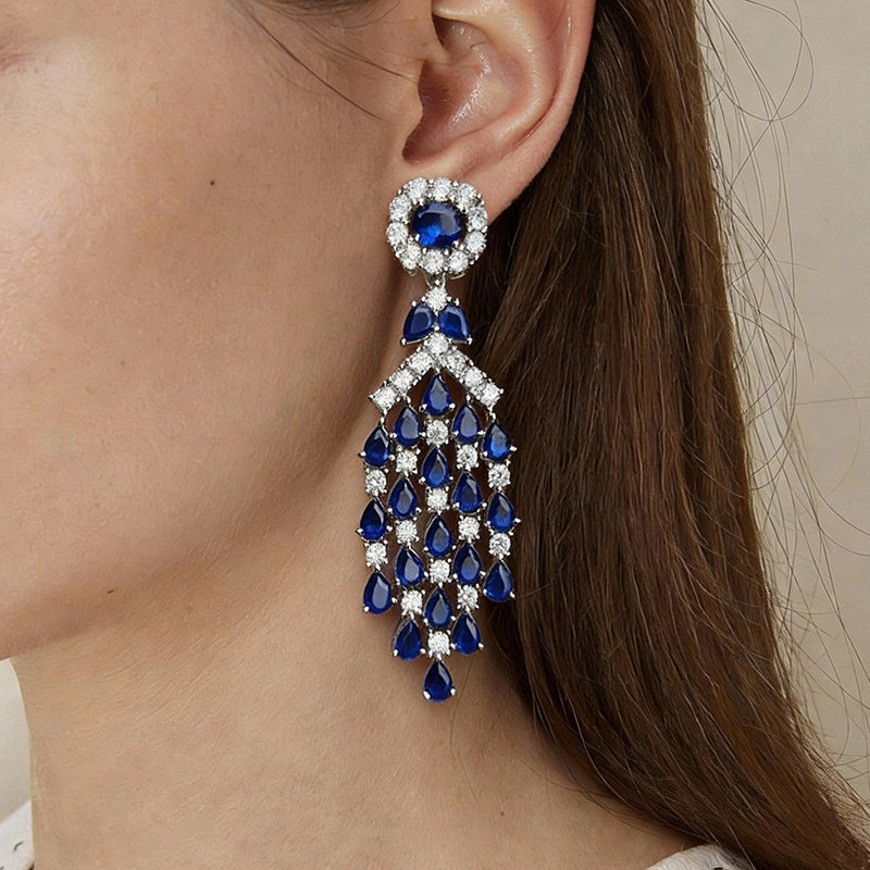 Blue&White Sapphire Chandelier Drop Earrings