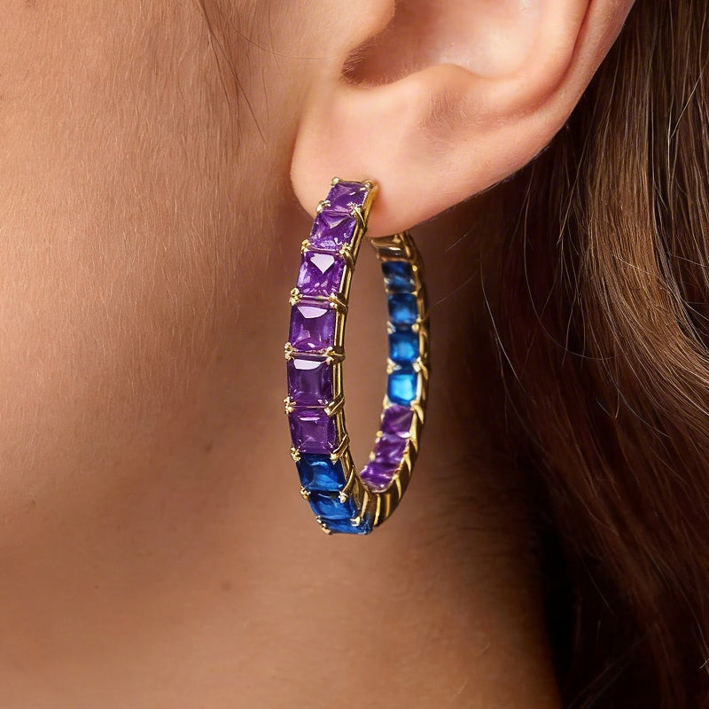 Vibrant Gradient 10ctw Emerald Cut Purple & Blue Sapphire Hoop Earrings