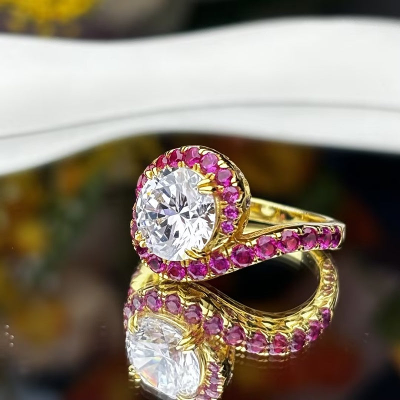 Vintage Twist Statement Ring: Yellow Gold with Round Diamond & Ruby Accents