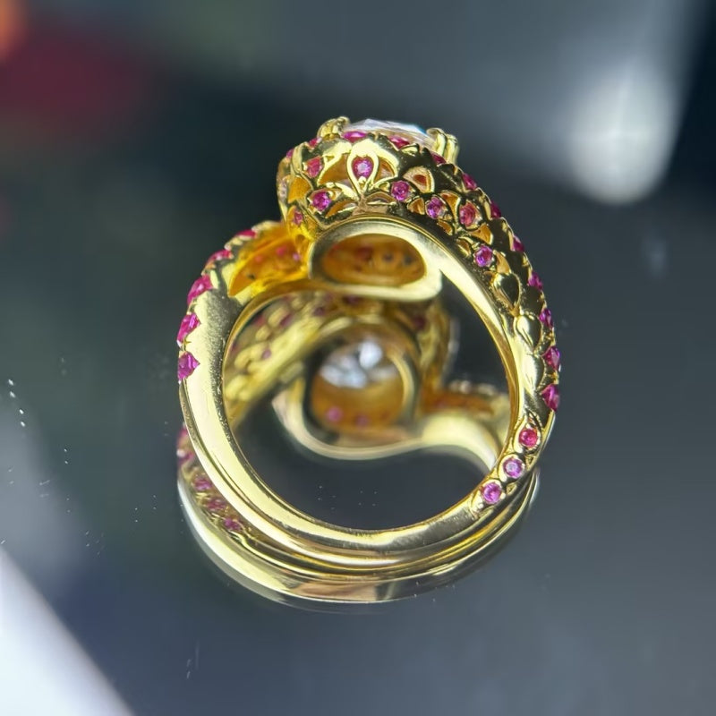 Vintage Twist Statement Ring: Yellow Gold with Round Diamond & Ruby Accents