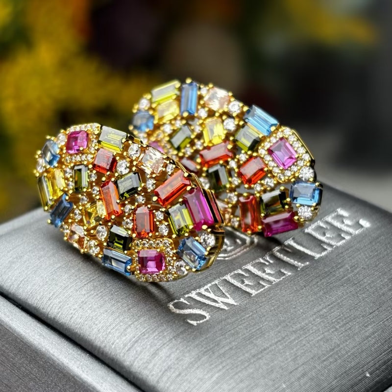 Baguette & Round Multi-Gemstone Cluster Stud Earrings