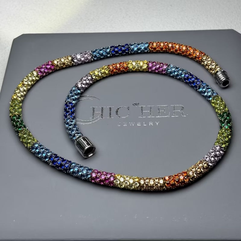 Rainbow Ombré Multi-Gem Round Cut Necklace