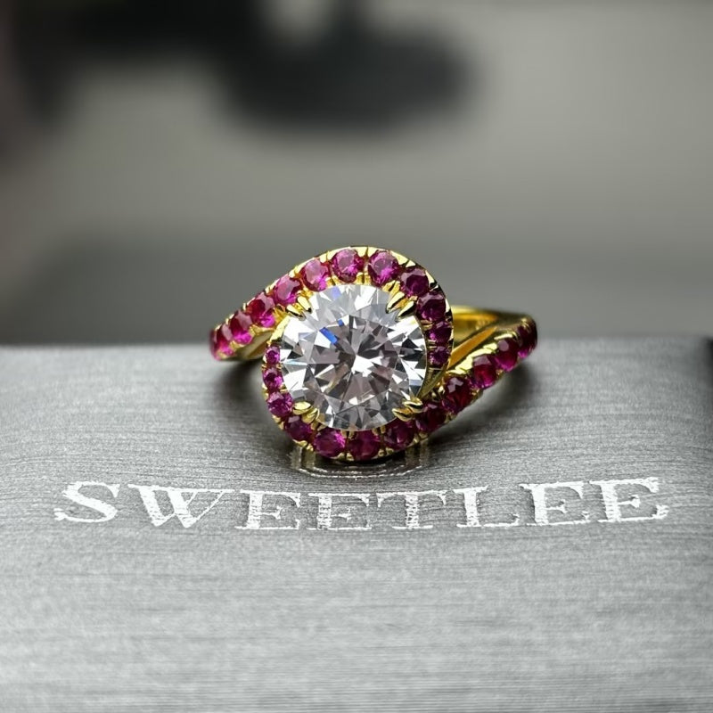 Vintage Twist Statement Ring: Yellow Gold with Round Diamond & Ruby Accents