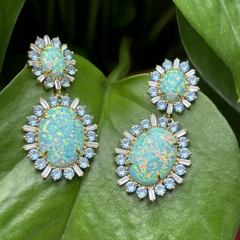 Oval Boulder Opal & Aquamarine Sunburst Drop Earrings