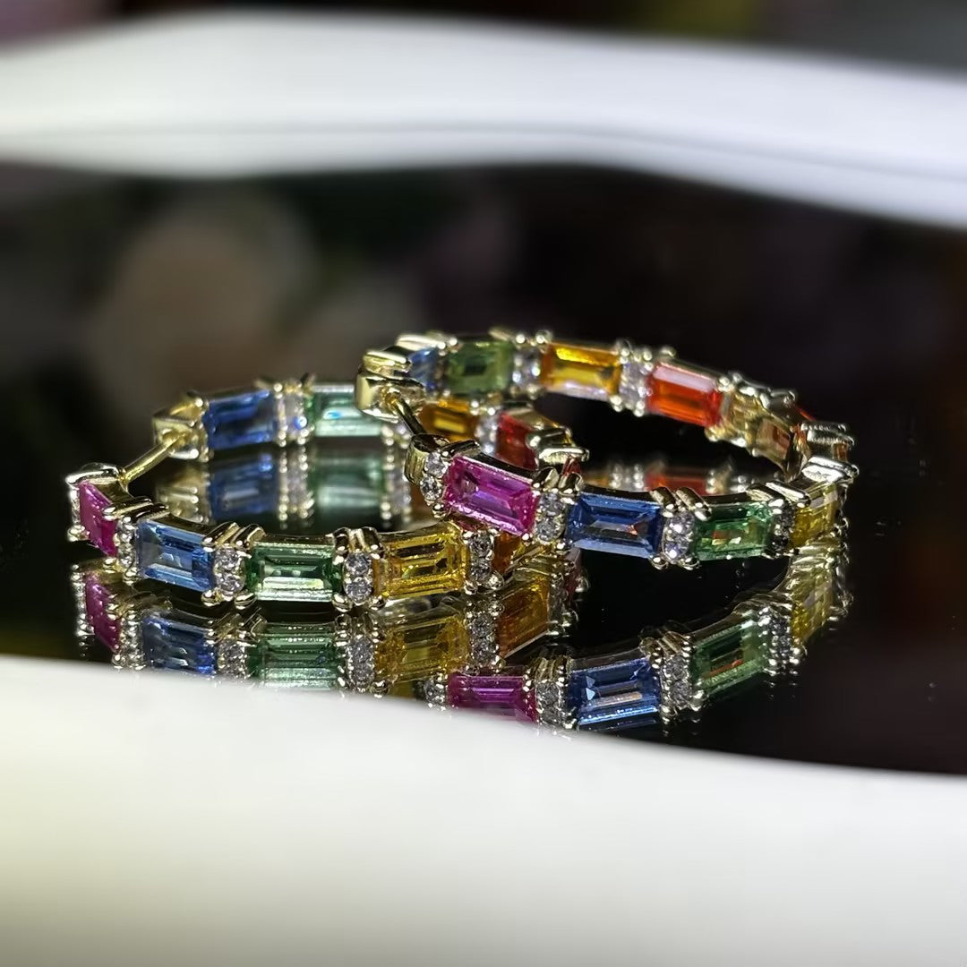 Rainbow & White Sapphire Hoop Earrings