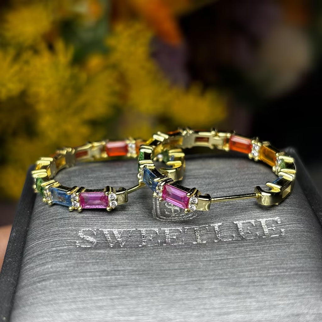 Rainbow & White Sapphire Hoop Earrings