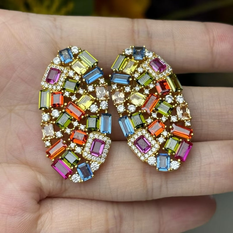 Baguette & Round Multi-Gemstone Cluster Stud Earrings