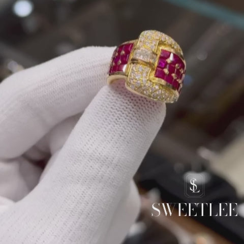 Geometric Pave Ruby & White Sapphire Emerald Cut Bold Statement Band