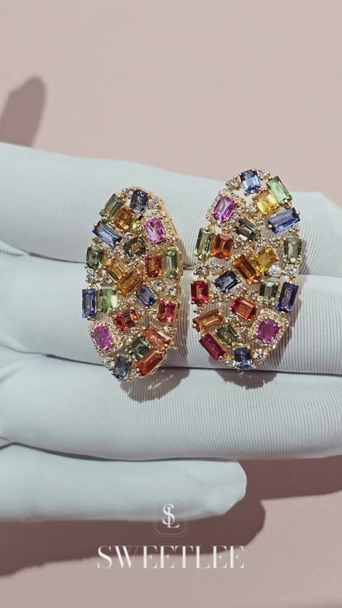 Baguette & Round Multi-Gemstone Cluster Stud Earrings