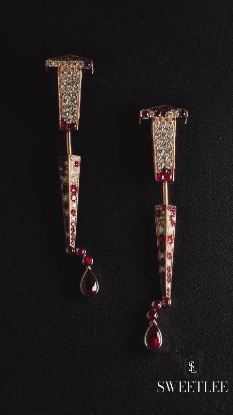 Geometric Ruby & Moissanite Drop Earrings
