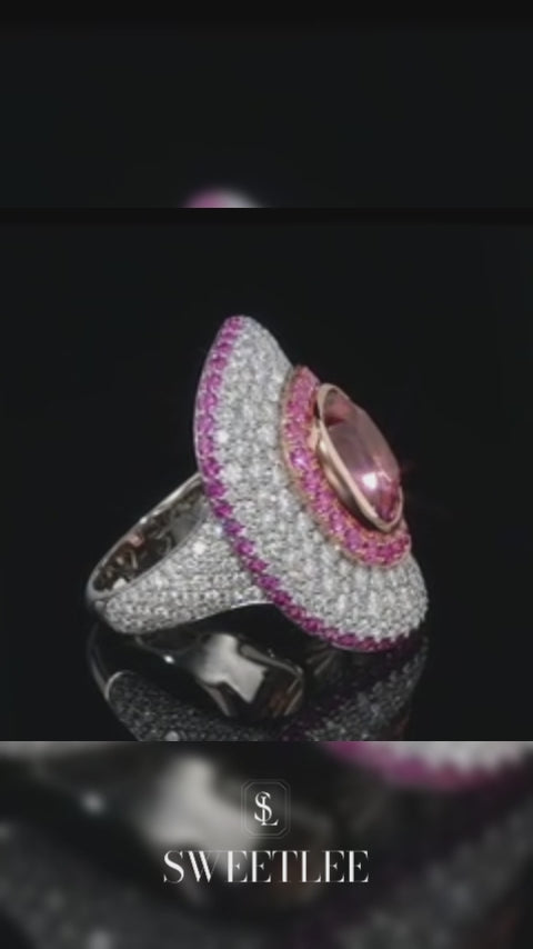 Cushion Cut Pink Sapphire Halo Pave Statement Ring