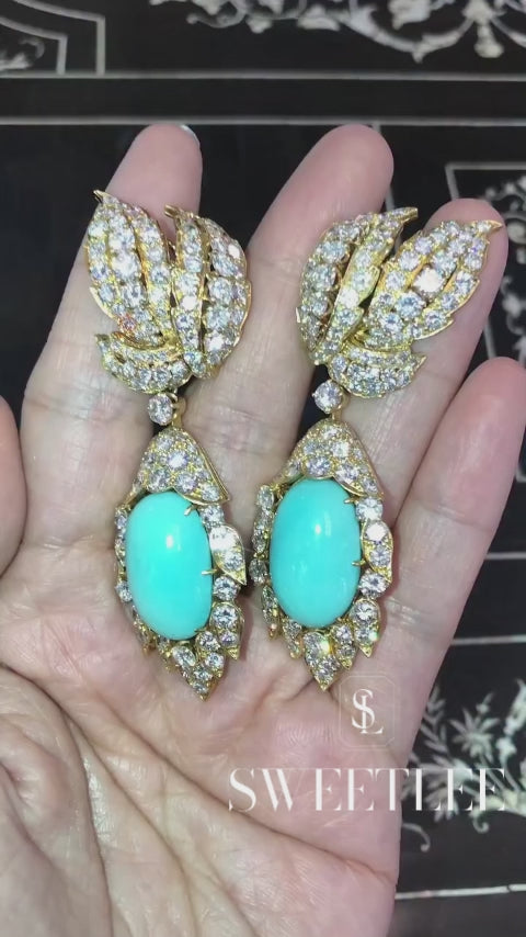 Vintage Pave Turquoise & White Sapphire Oval Cut Drop Earrings