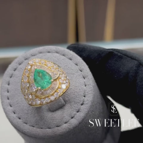 Ornate Halo Emerald & White Sapphire Pear Cut Cocktail Ring