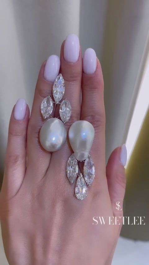 Elegant Pearl & White Sapphire Marquise Cut Drop Earrings