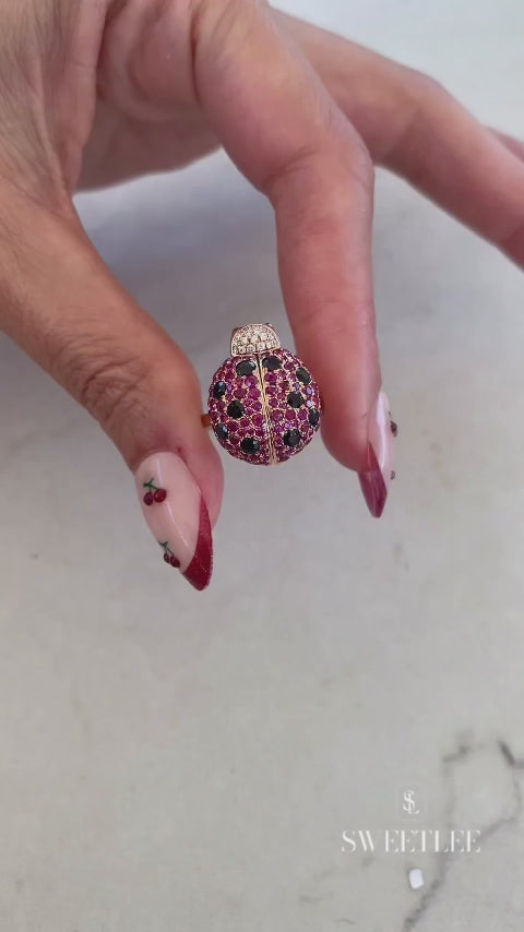 Opening-Wing Ladybug Ruby Sapphire Ring with Moissanite