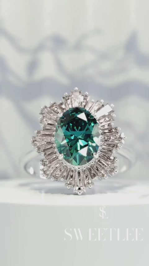Art Deco 2ct Oval Cut Emerald Sapphire Starburst Engagement Ring