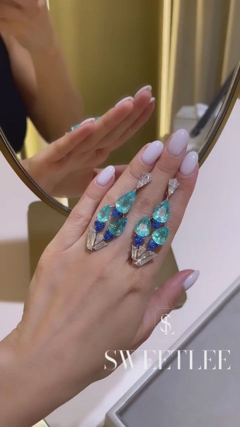 Cascading Aquamarine & Blue Sapphire Pear Cut Drop Earring