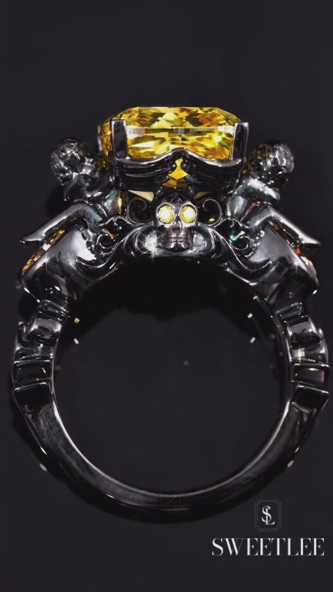 Black Rhodium Plated Cushion Cut Yellow Sapphire Gothic Skull Ring