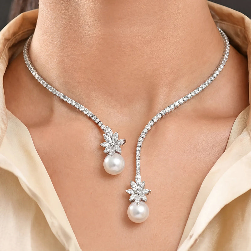 Open Design Marquise Cut White Sapphire Pendant Necklace With Pearl