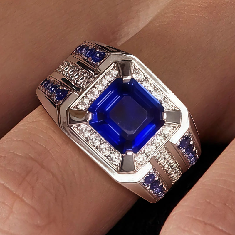 5ct Asscher Cut Blue Sapphire Men's Engagement Ring