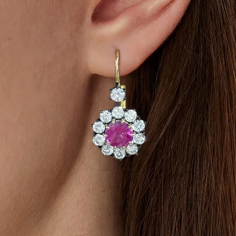 Round Cut Ruby Sapphire Cluster Earrings