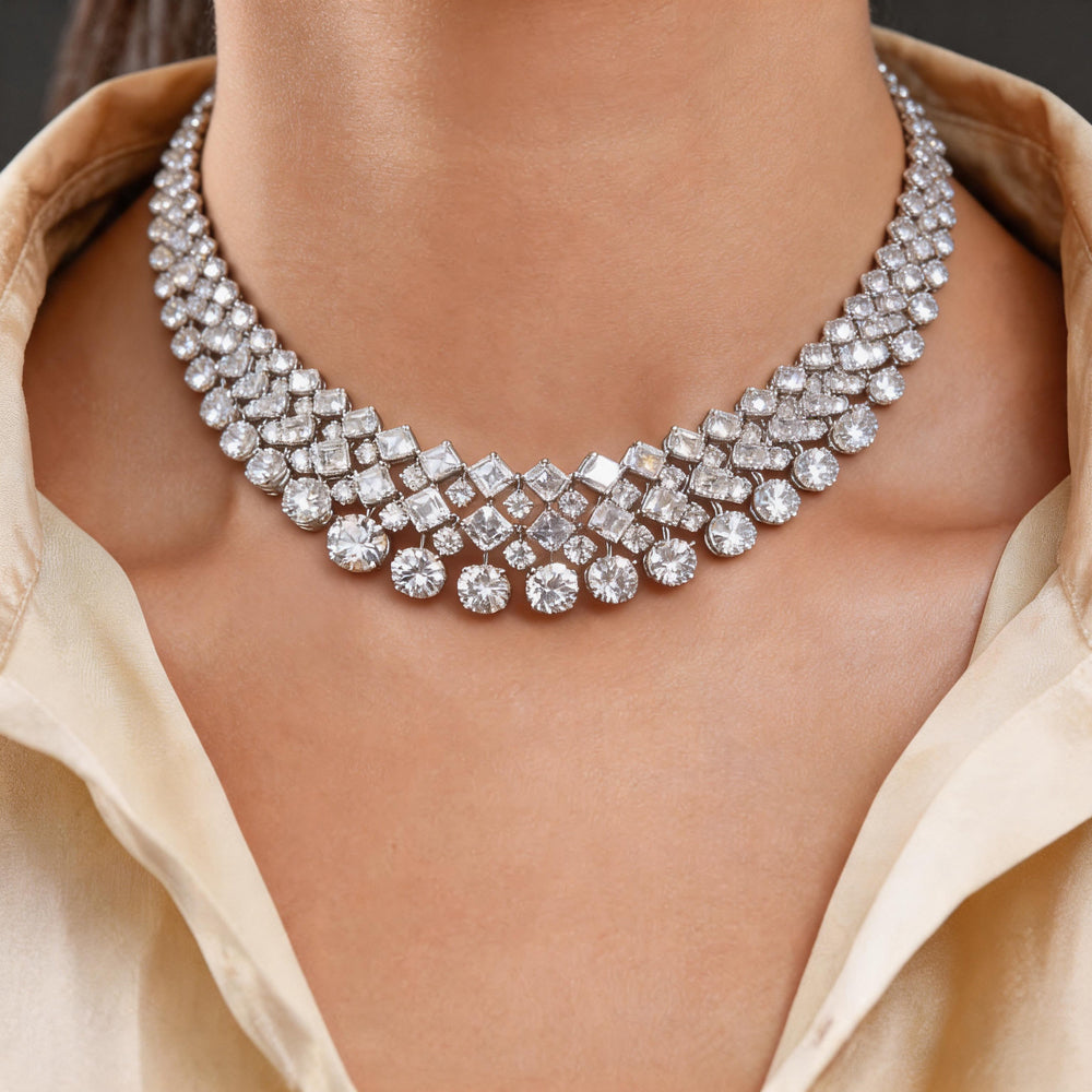 Round&Asscher Cut White Sapphire Luxury Necklace