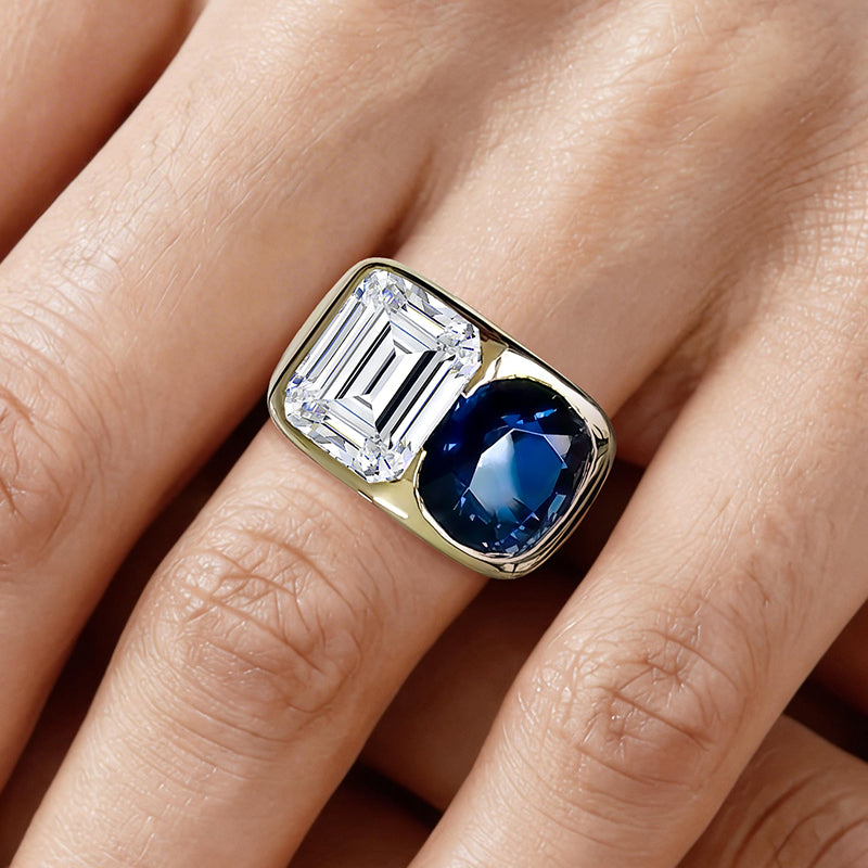 6.25ct Cushion&Emerald Cut Blue&White Sapphire Engagement Ring