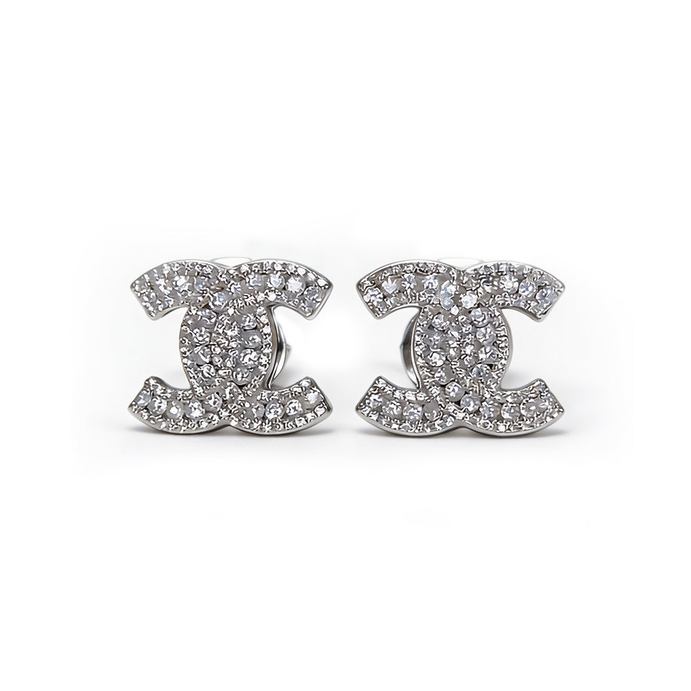 Double C Design White Diamond Micro Pave Stud Earrings