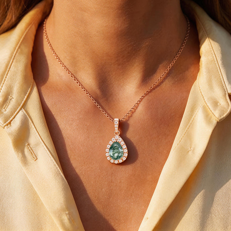1.5CT Pear Cut Moss Agate & Round Cut Moissanite Halo Accents S925 Silver Pendant Necklace