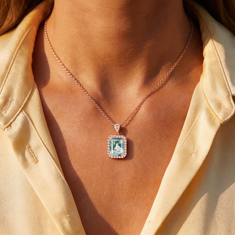 1.81CT Emerald Cut Moss Agate & Round Cut Moissanite S925 Silver Double Claw Setting Halo Pendant Necklace