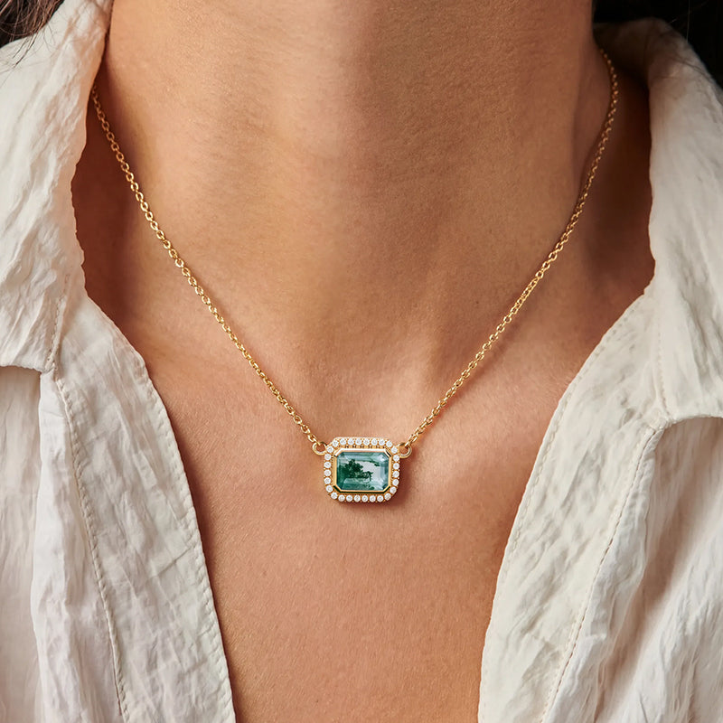 1.76CT Emerald Cut Moss Agate & Round Cut Moissanite S925 Silver Halo Pendant Necklace