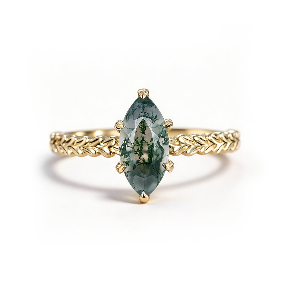 Leaf Prong Marquise Cut Moss Agate Promise Ring Solitaire Engagement Ring with Wheat Band
