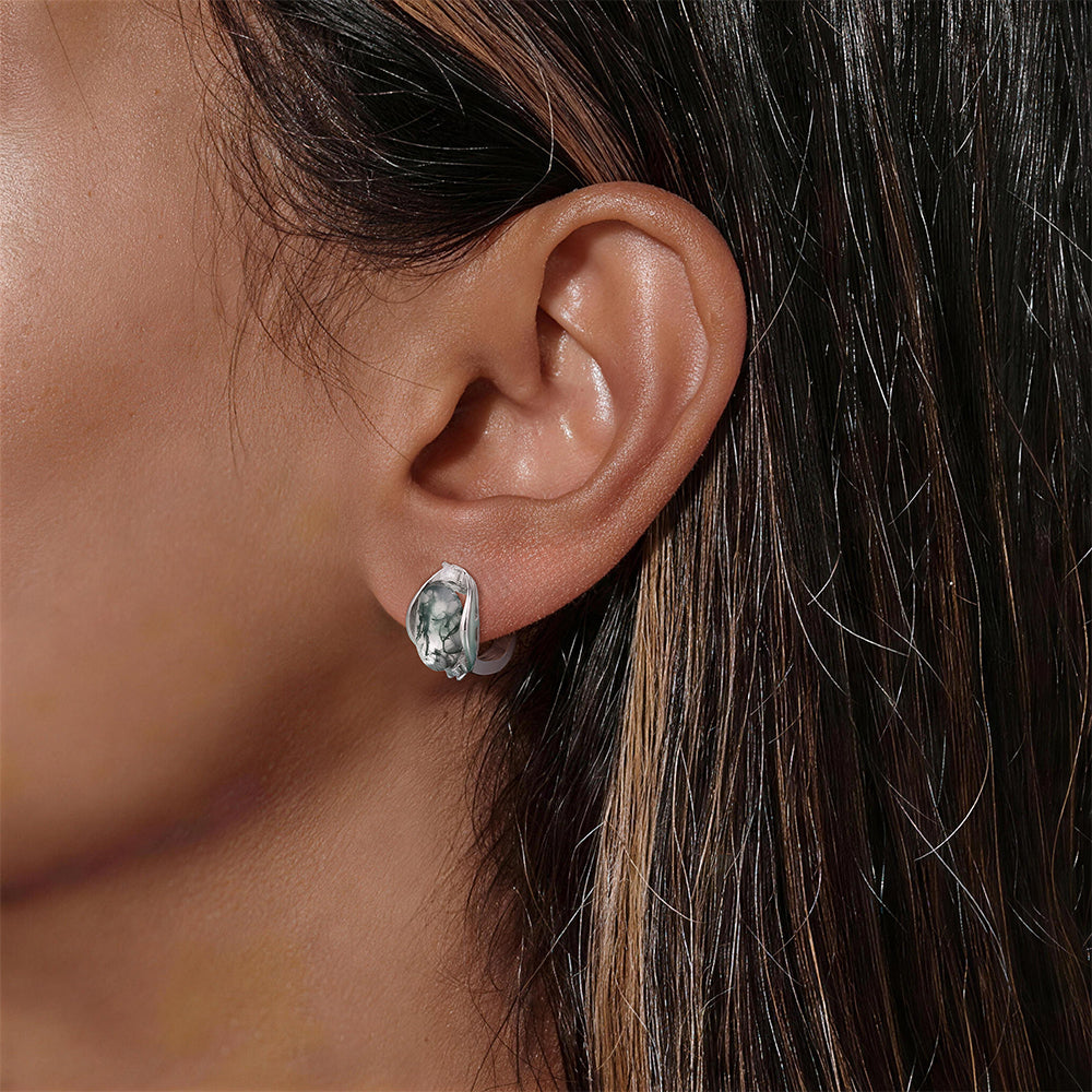 Moss agate silver earrings with natural oval moss agate gemstones and diamond cz stones
