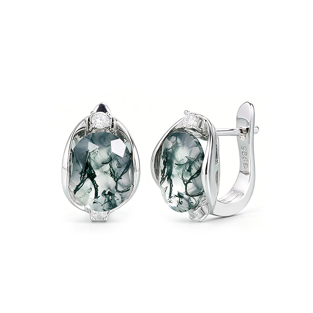 Moss agate silver earrings with natural oval moss agate gemstones and diamond cz stones