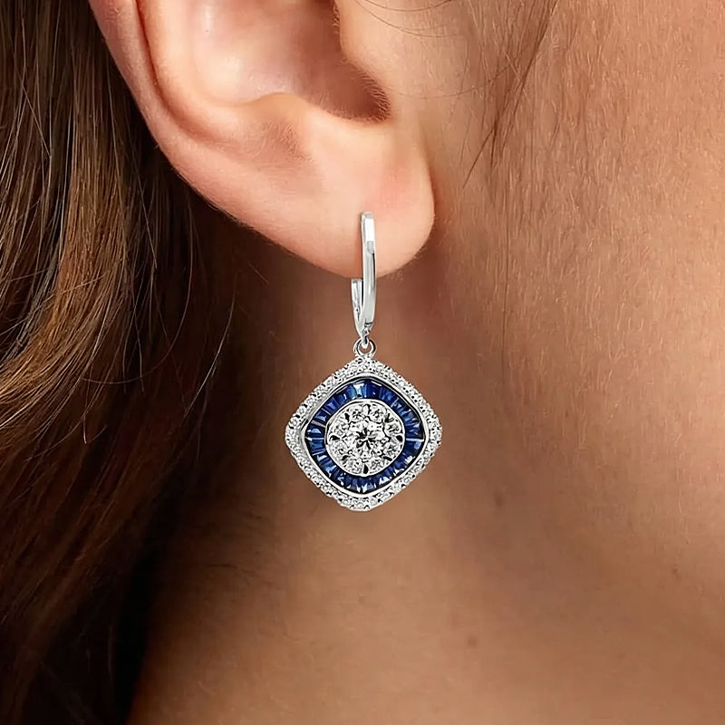 White & Blue Sapphire White Gold Drop Earrings