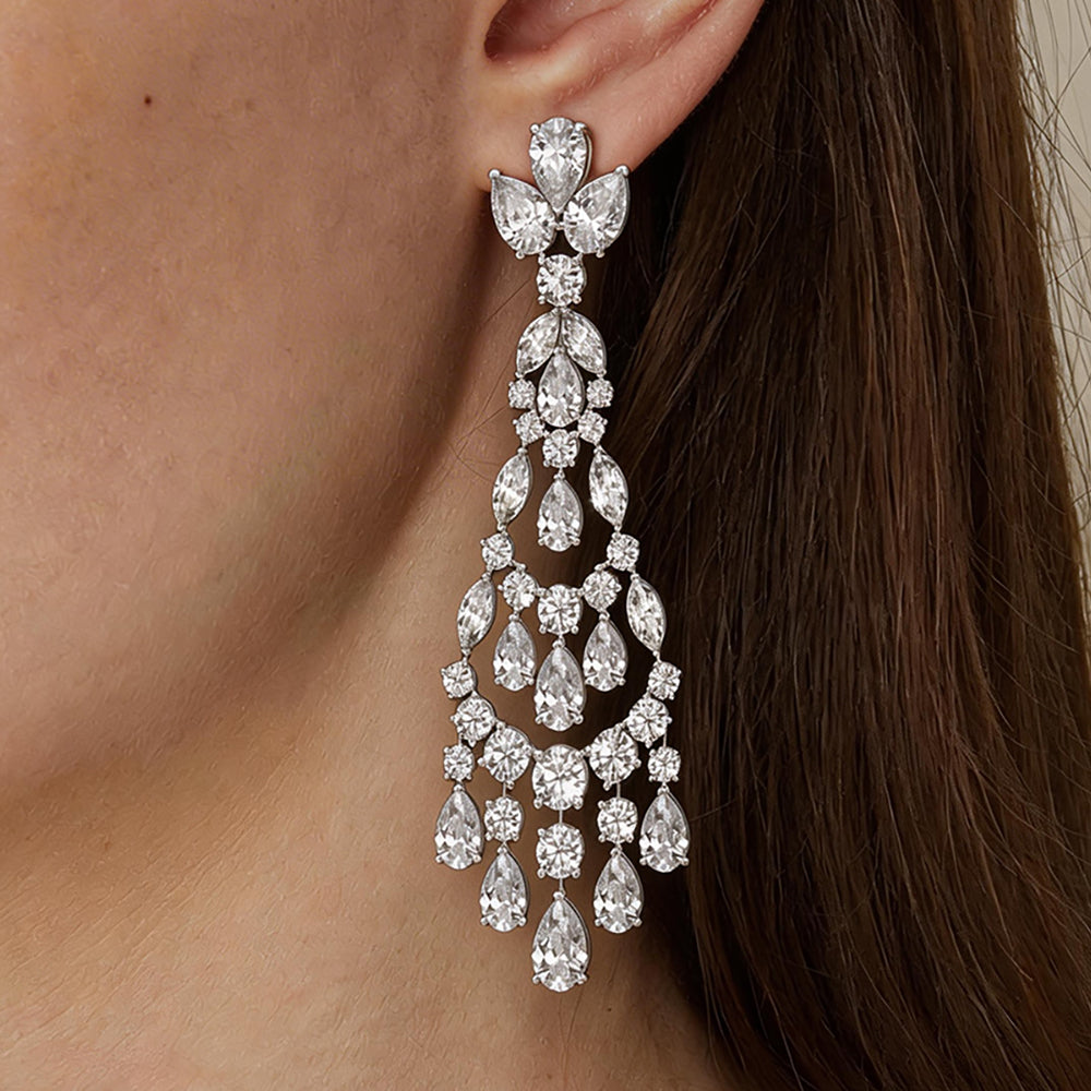 Unique Chandelier Drop Dangle Earring, Multi Shape Moissanite Diamond Wedding Earring, Women's Party Wear Earring, Omega Back Drop Earring
