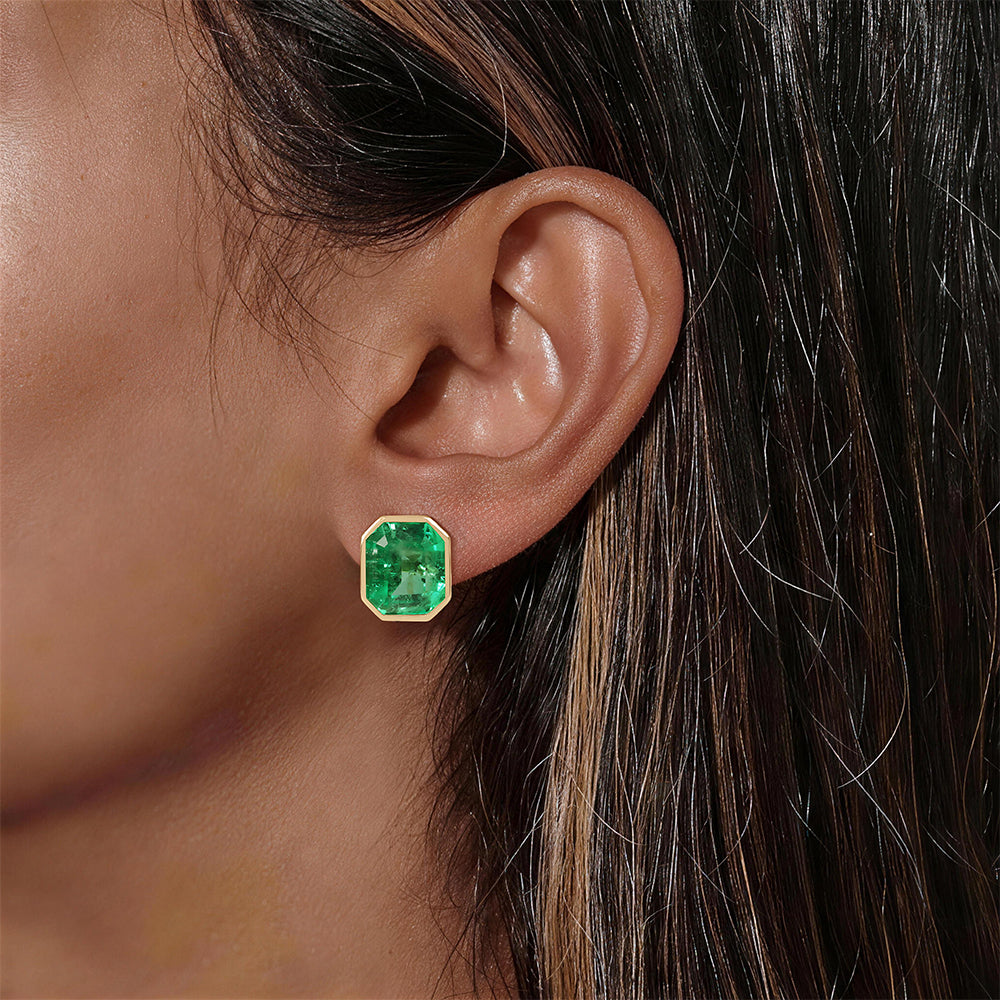14.30tcw Large Bezel Set Emerald Studs