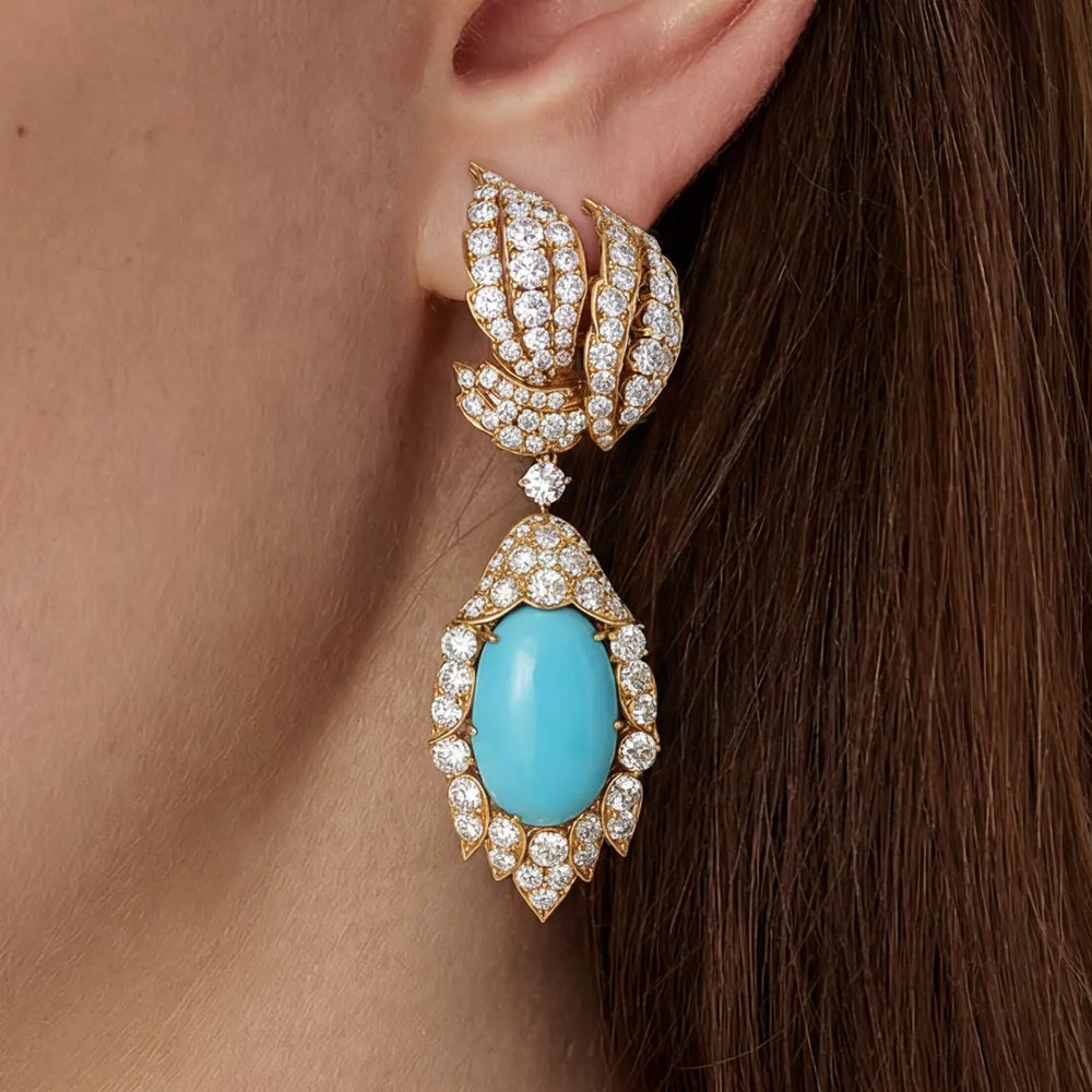 Vintage Pave Turquoise & White Sapphire Oval Cut Drop Earrings