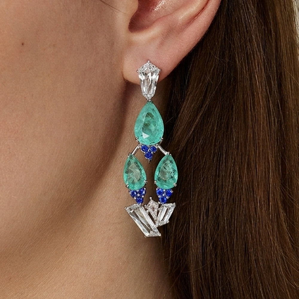 Cascading Aquamarine & Blue Sapphire Pear Cut Drop Earring
