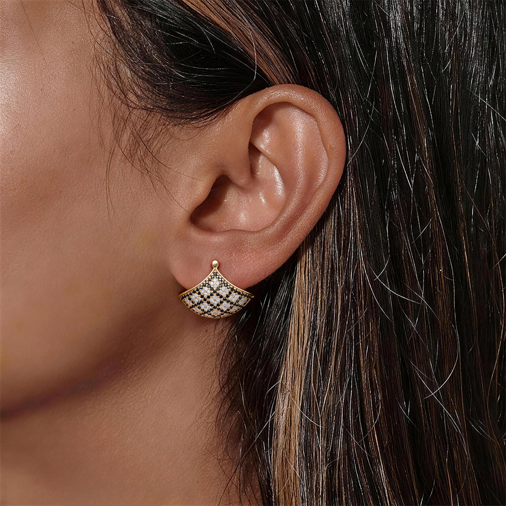 Checkerboard Pave Black & White Sapphire Fan-Shaped Stud Earrings