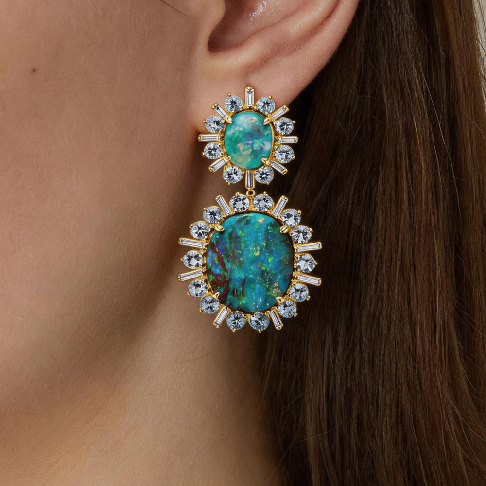 Oval Boulder Opal & Aquamarine Sunburst Drop Earrings