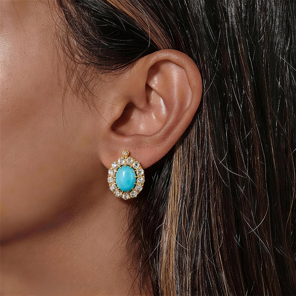 Oval Turquoise & Old Mine Cut Diamond Cluster Earrings